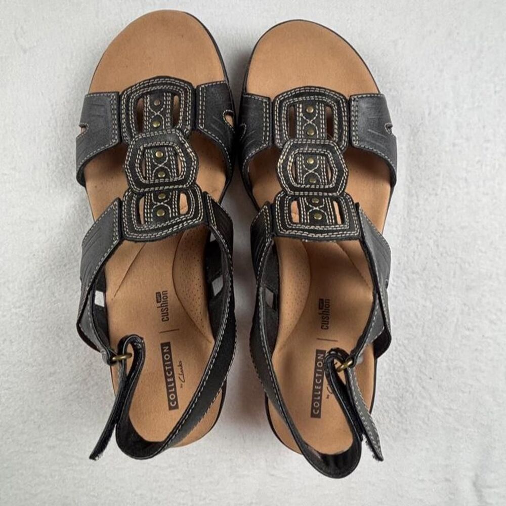 Clarks Collection Black Gray Leather Comfort Sandals Women’s 8.5 Cushion Soft